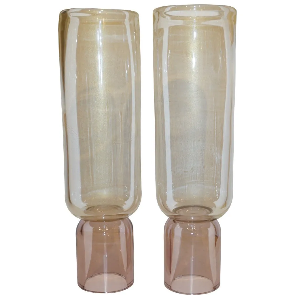 Formia 1990s Italian Pair of Soft Pink & Gold Crystal Murano Glass Round Vases 