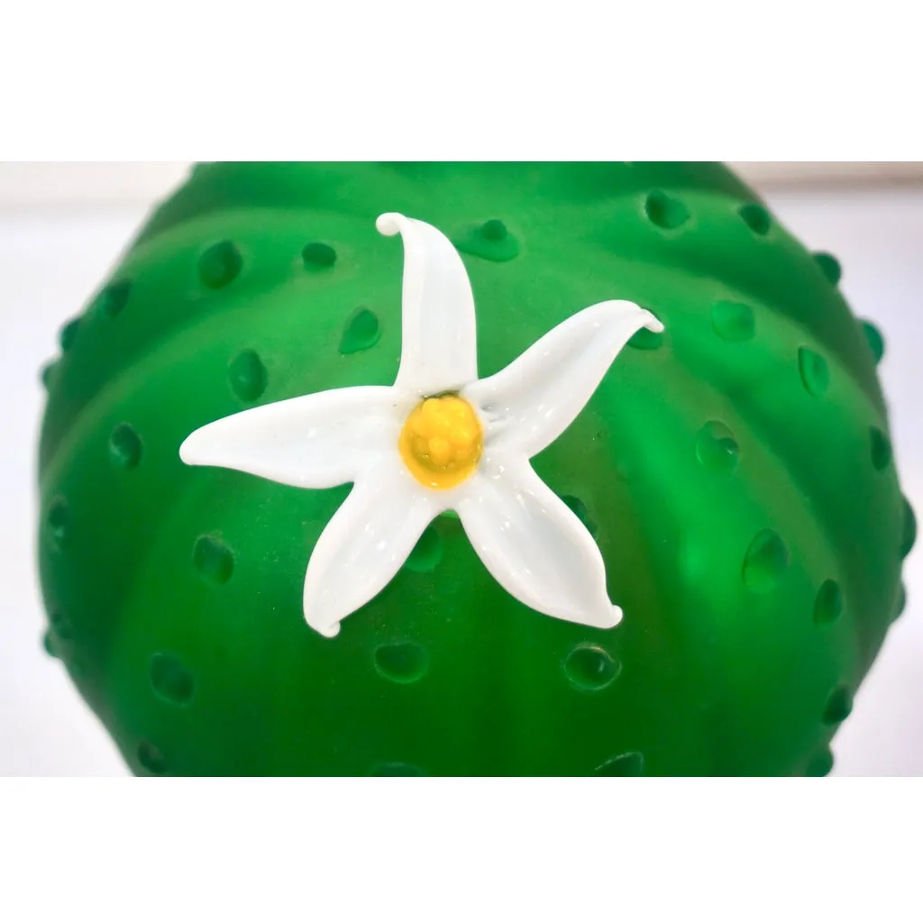Formia 1990s Vintage Italian Green Murano Glass Cactus Plant with White Flower