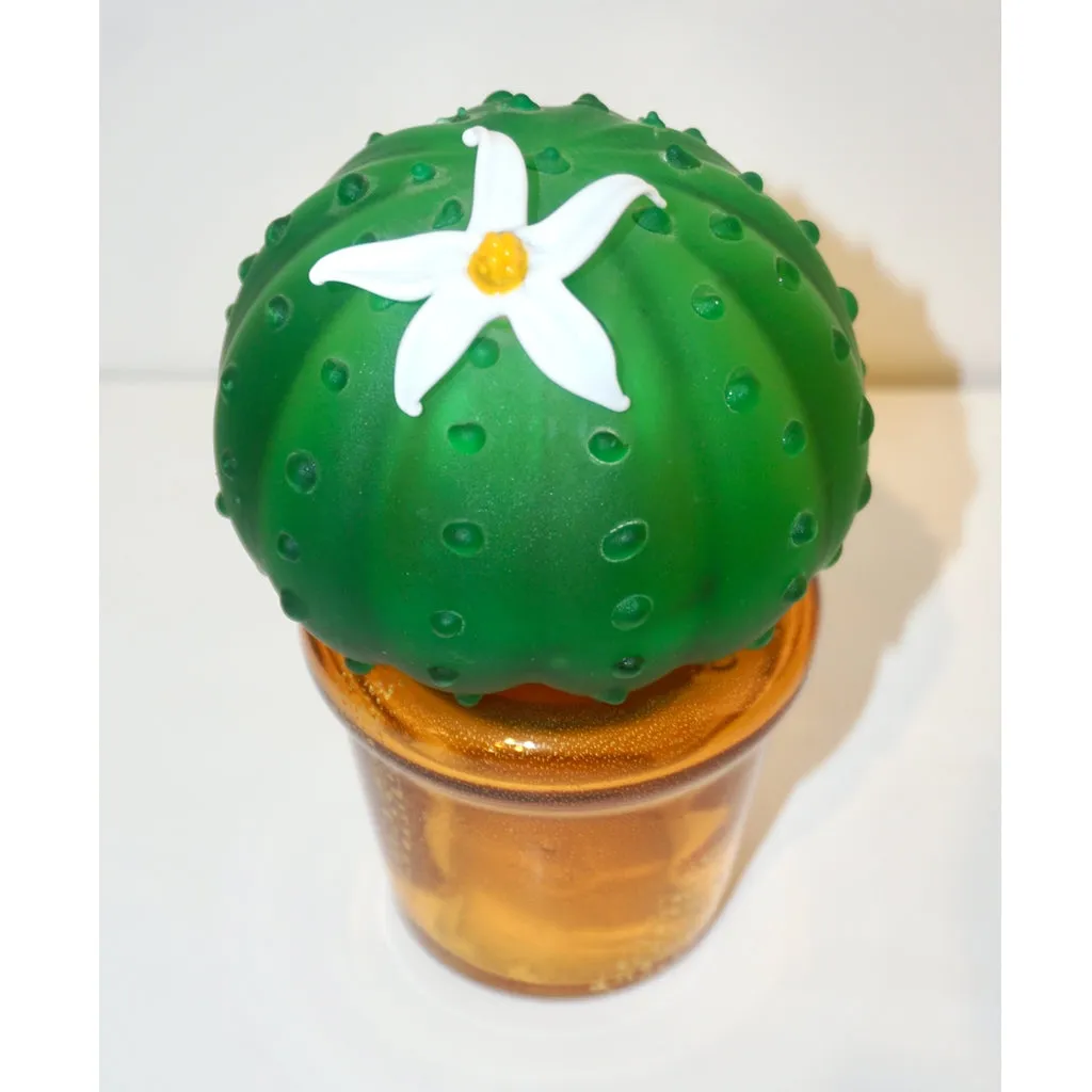 Formia 1990s Vintage Italian Green Murano Glass Cactus Plant with White Flower