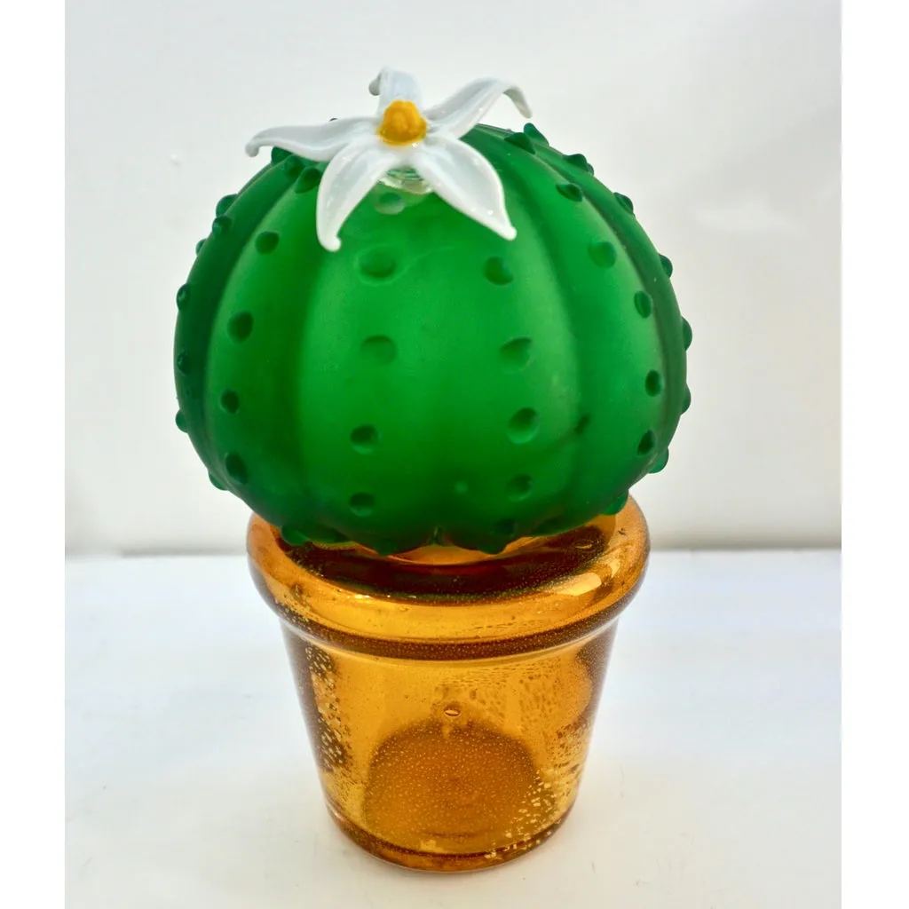 Formia 1990s Vintage Italian Green Murano Glass Cactus Plant with White Flower 