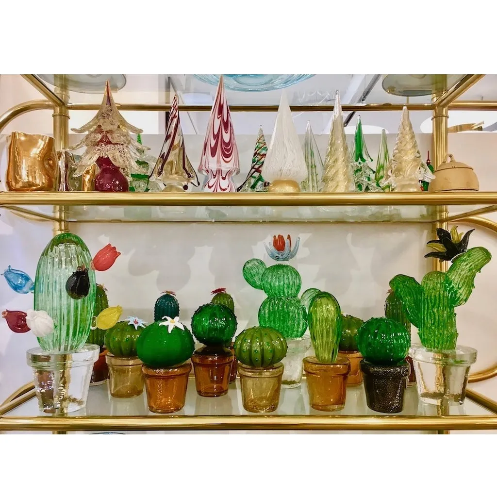 Formia 1990s Vintage Italian Green Murano Glass Cactus Plant with White Flower
