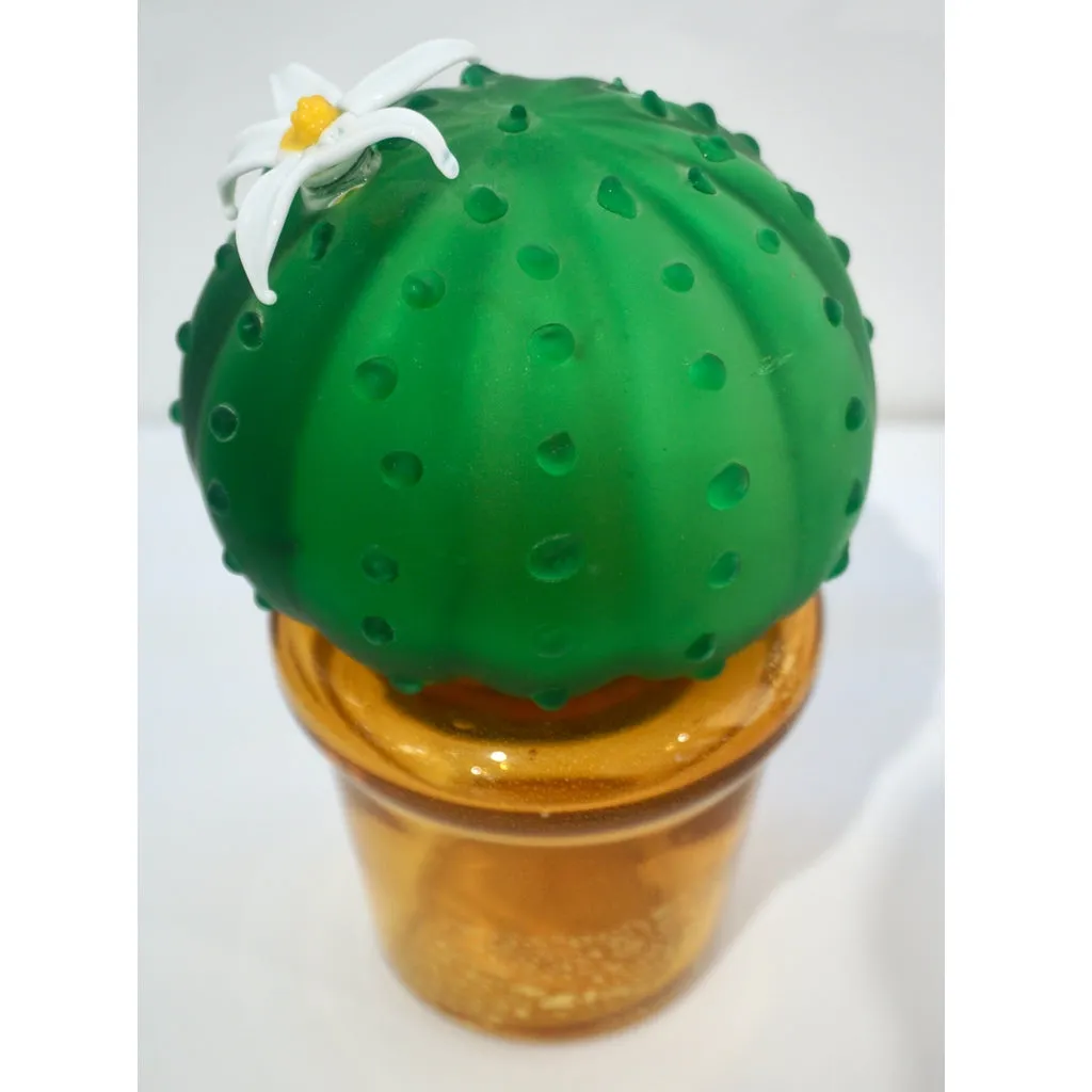 Formia 1990s Vintage Italian Green Murano Glass Cactus Plant with White Flower