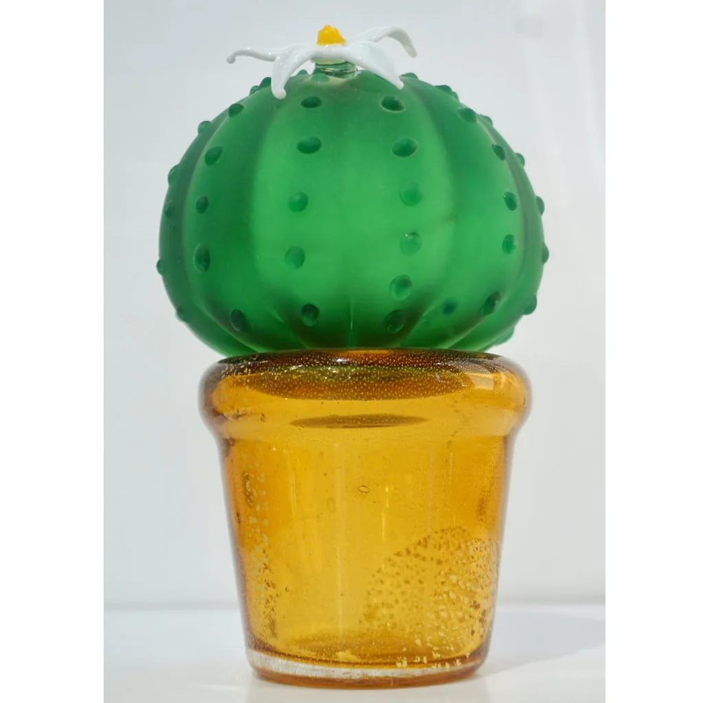 Formia 1990s Vintage Italian Green Murano Glass Cactus Plant with White Flower