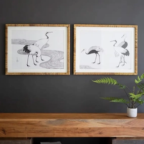 Framed Shore Bird Print Under Glass Set 