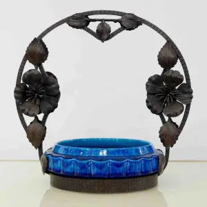 French Art Nouveau Paul Milet Sevres Ceramic Flower Wrought Iron Turquoise Bowl 