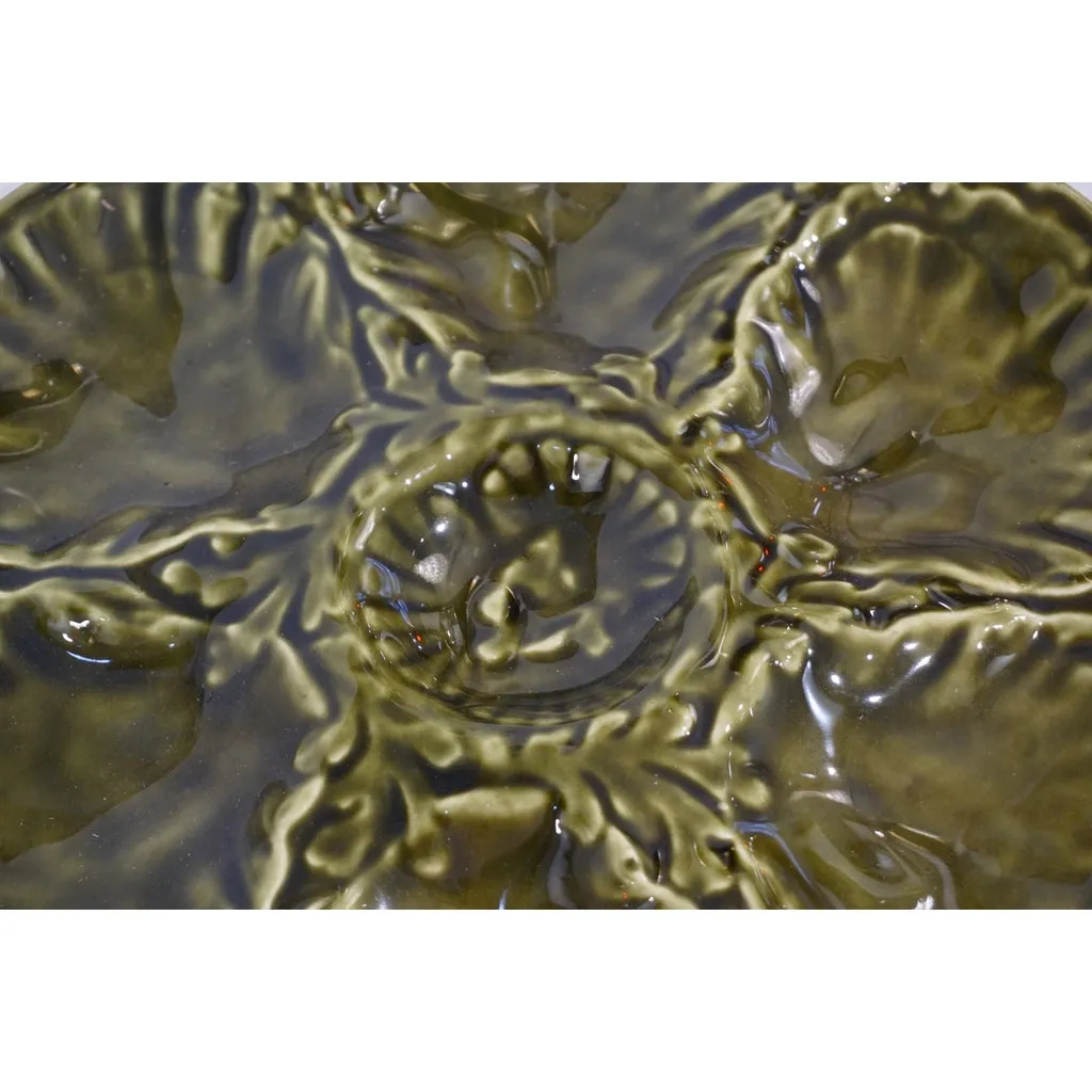 Gien 1950s French Set of 6 Green Majolica Oyster plates in Original Wood Box