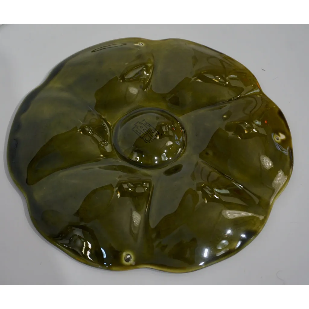 Gien 1950s French Set of 6 Green Majolica Oyster plates in Original Wood Box