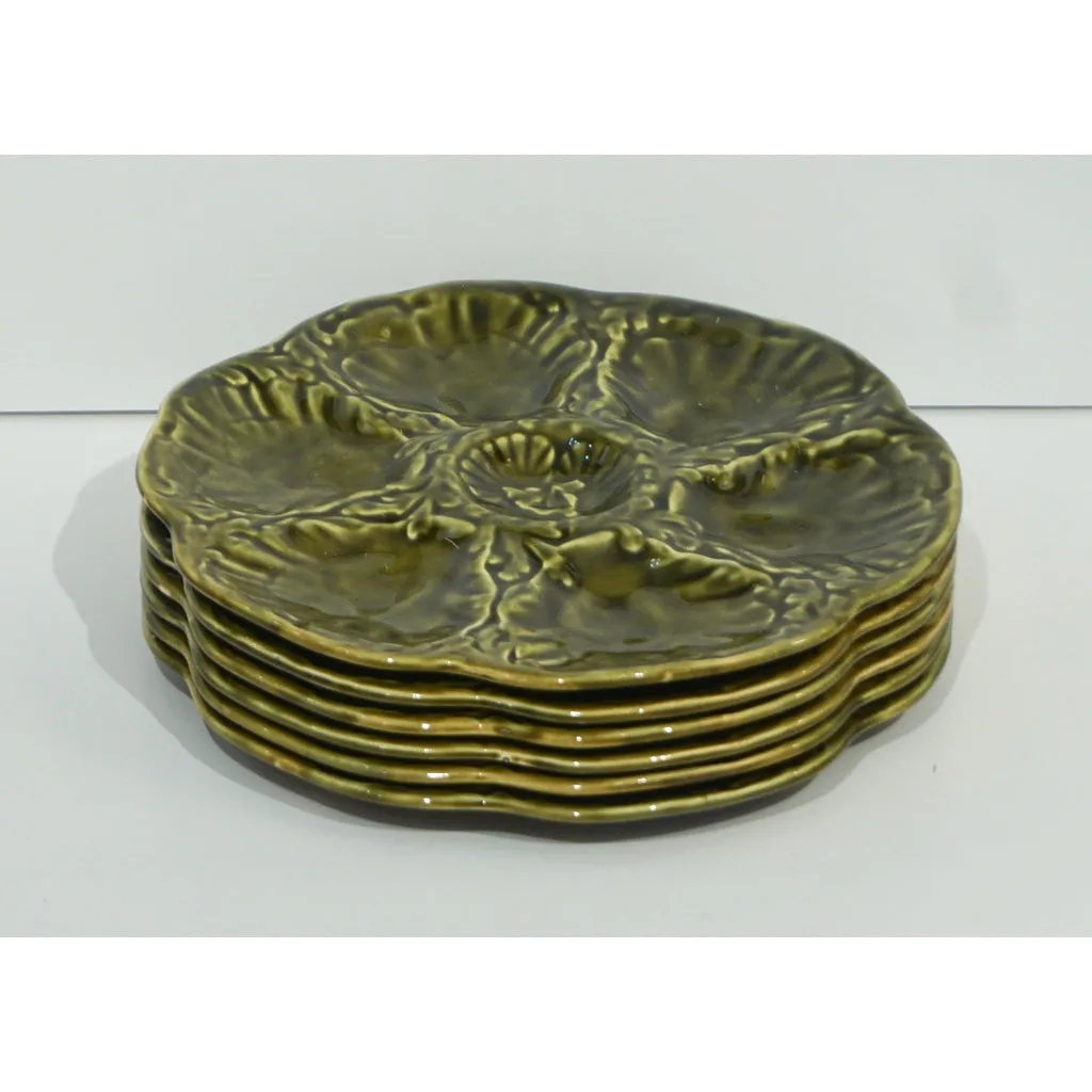 Gien 1950s French Set of 6 Green Majolica Oyster plates in Original Wood Box