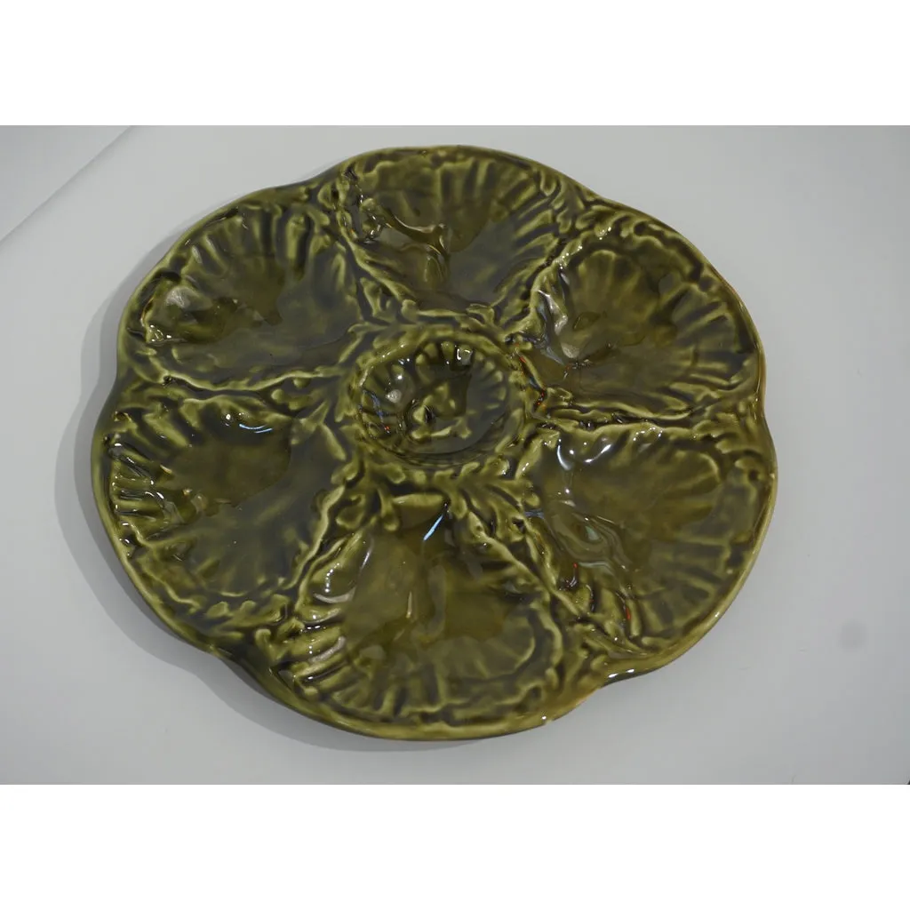Gien 1950s French Set of 6 Green Majolica Oyster plates in Original Wood Box