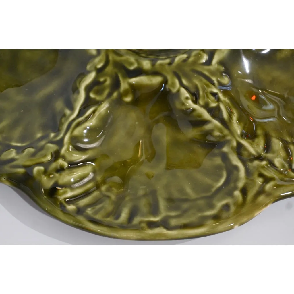 Gien 1950s French Set of 6 Green Majolica Oyster plates in Original Wood Box