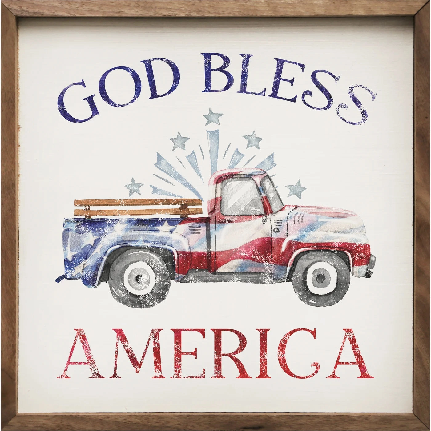 God Bless America Flag Truck White Wood Framed Print 