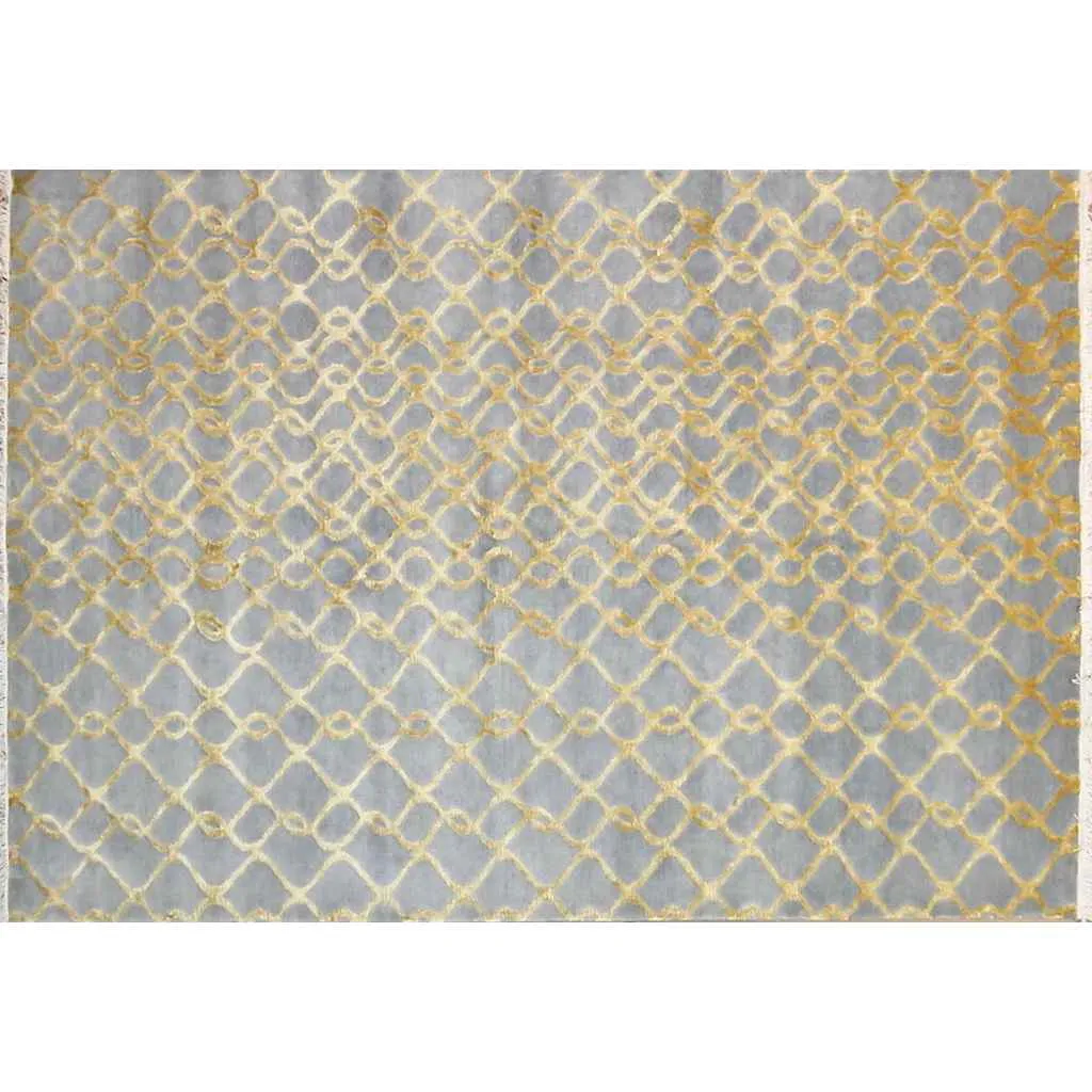 Gold and Silver Blue Gray Modern Indian Rug With Organic Geometric Design 