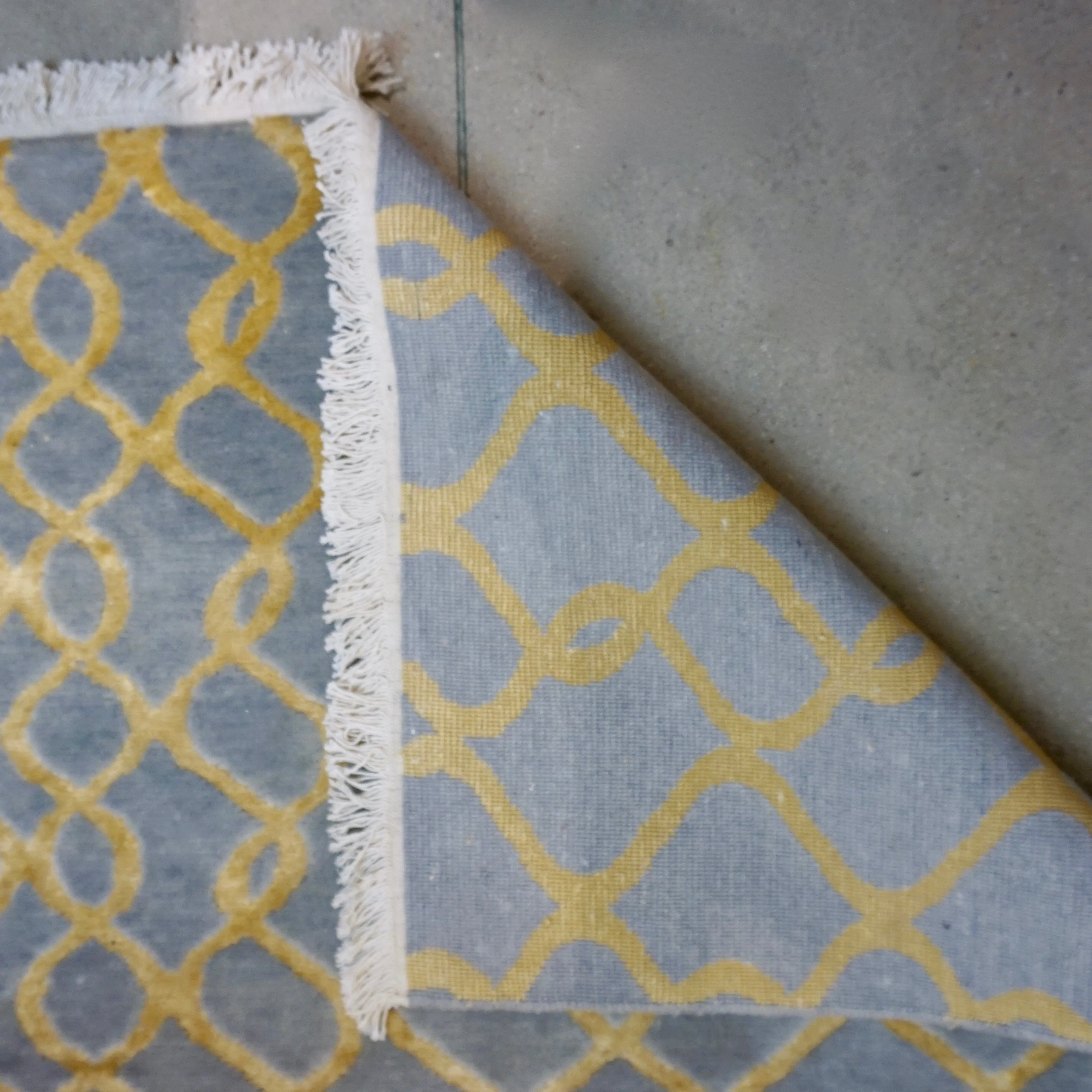 Gold and Silver Blue Gray Modern Indian Rug With Organic Geometric Design