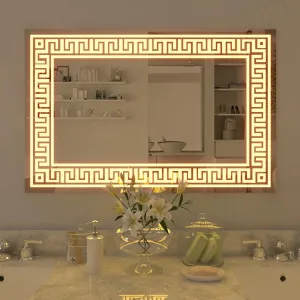 Greek Key Motif LED Rectangular Bathroom Mirror 