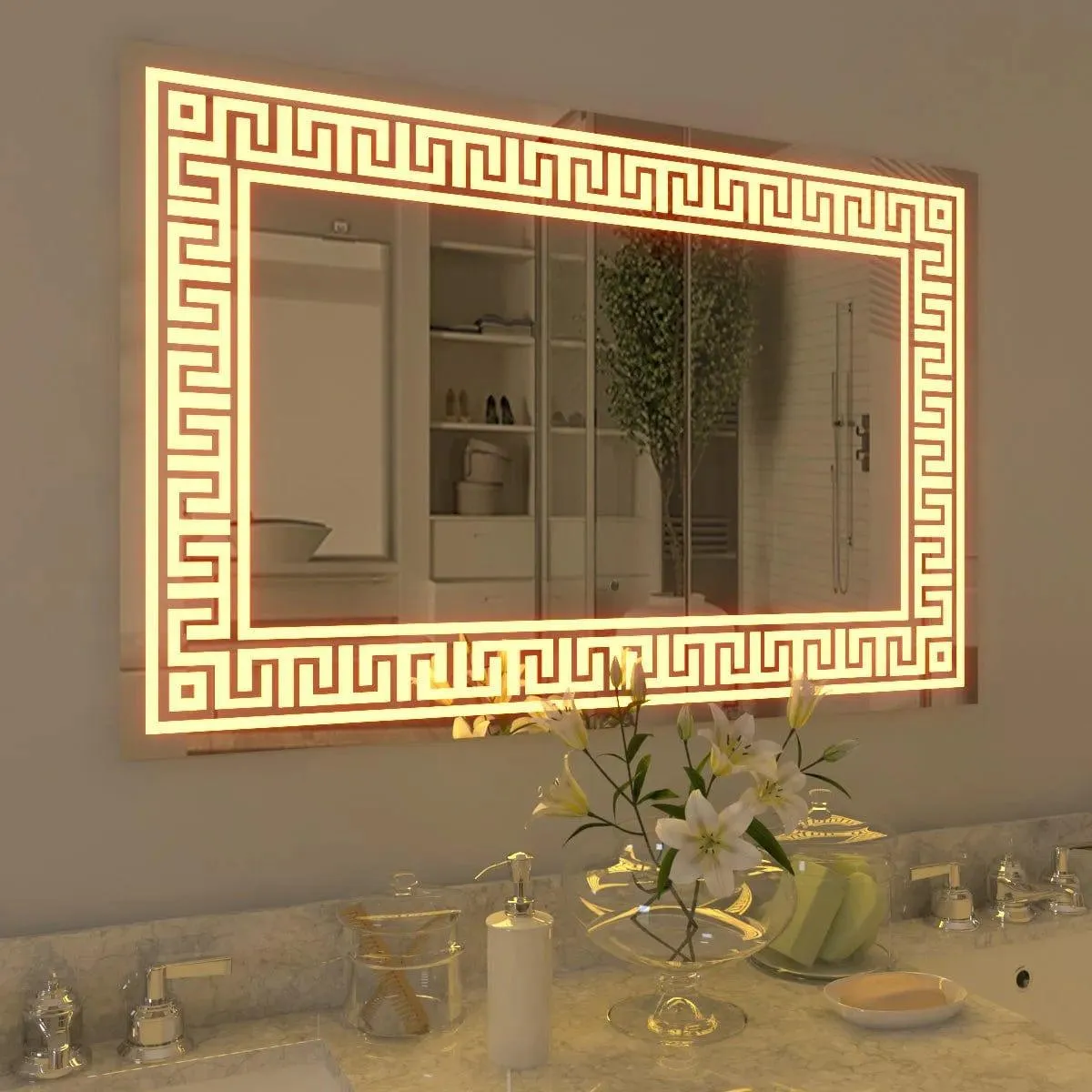Greek Key Motif LED Rectangular Bathroom Mirror