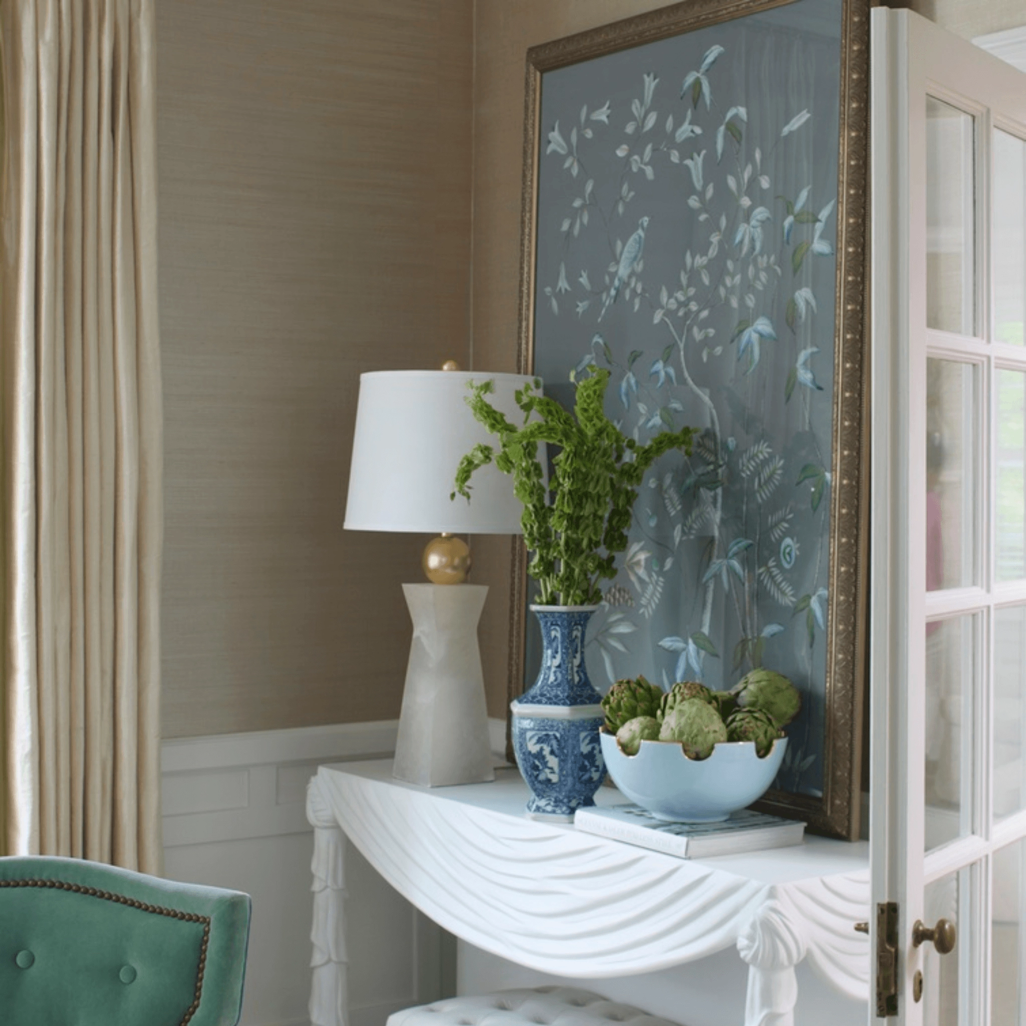 Grey-Blue Watercolor on Silk Chinoiserie Birds Wall Art Panel