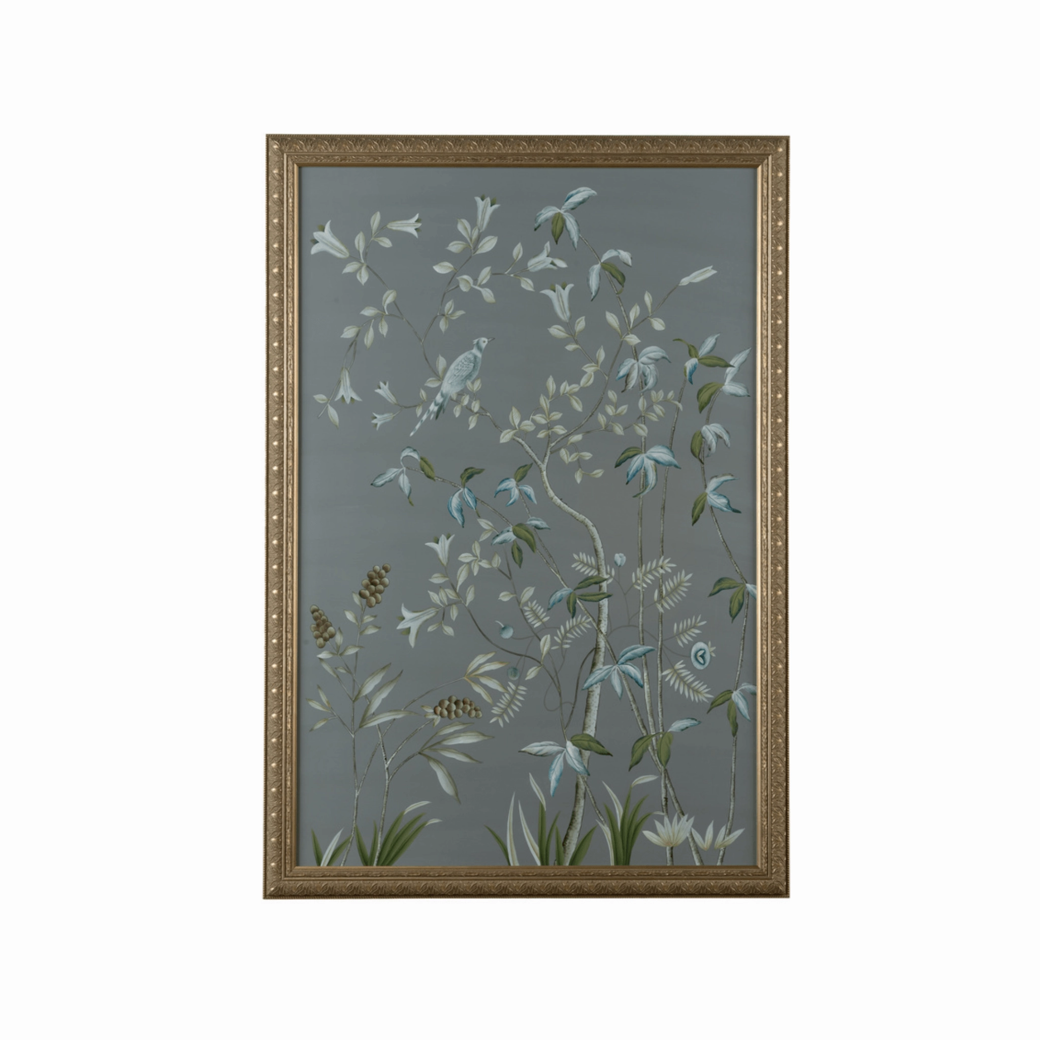 Grey-Blue Watercolor on Silk Chinoiserie Birds Wall Art Panel