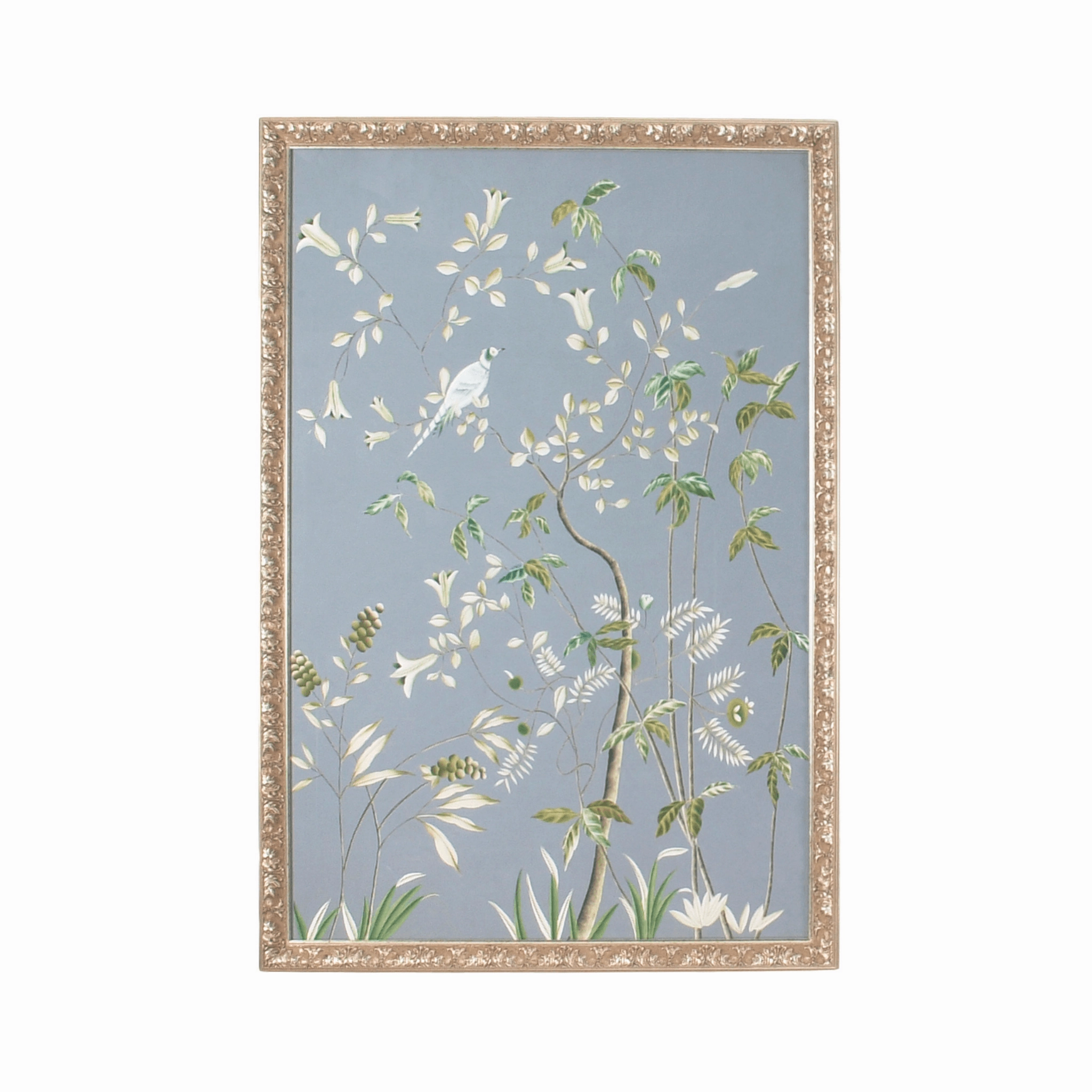 Grey-Blue Watercolor on Silk Chinoiserie Birds Wall Art Panel 