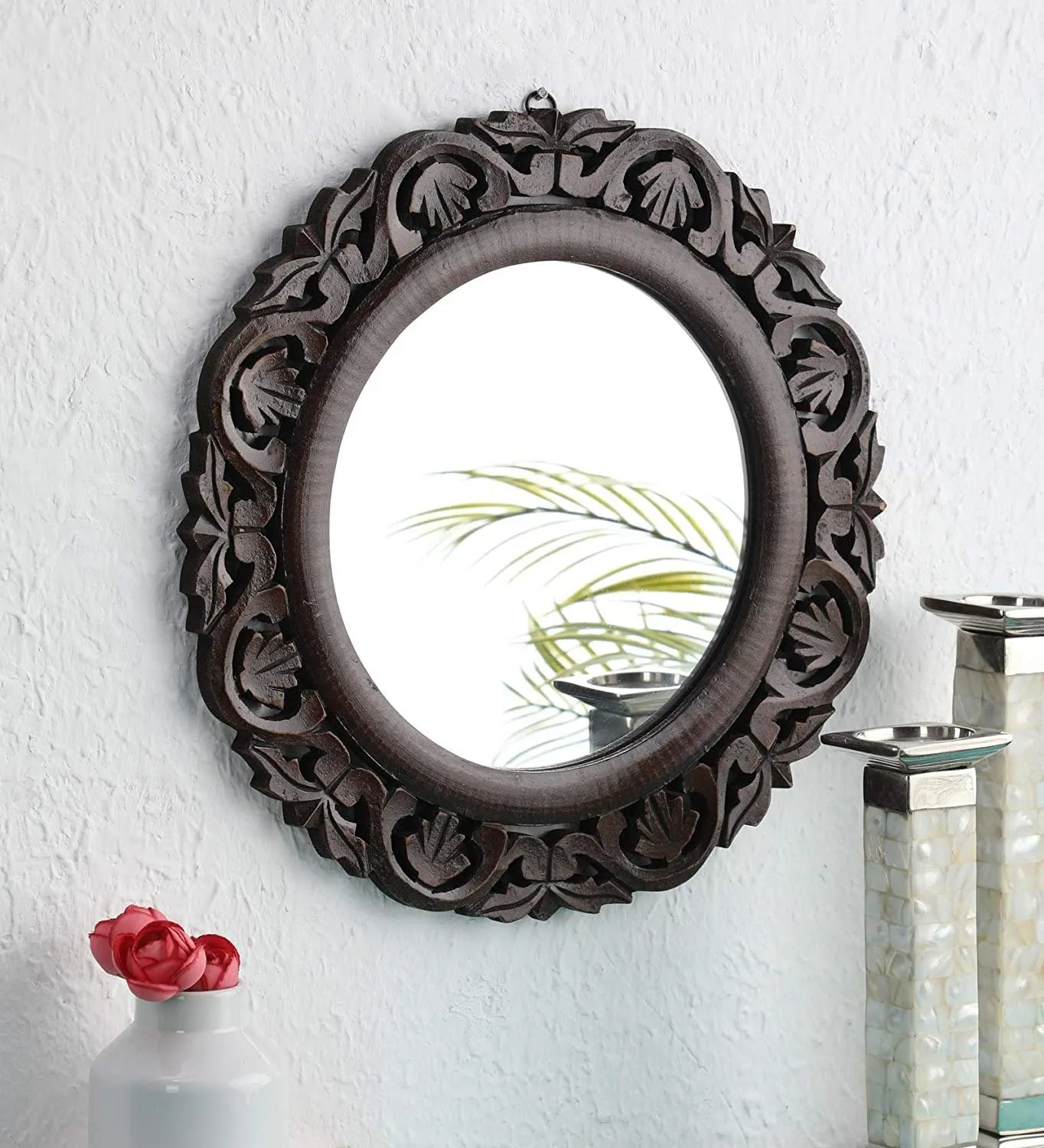 Hand Crafted Wooden Round Shape Vanity Wall Mount Mirror- Brown, 16 X 16 Inches, Framed 