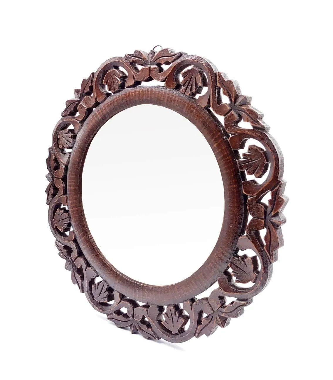 Hand Crafted Wooden Round Shape Vanity Wall Mount Mirror- Brown, 16 X 16 Inches, Framed