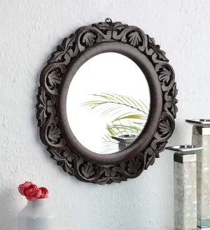 Hand Crafted Wooden Round Shape Vanity Wall Mount Mirror- Brown, 16 X 16 Inches, Framed 