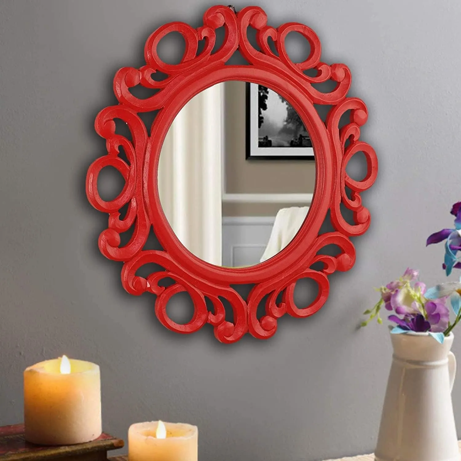 Handcrafted Wood Wall Mirror (50.8 cm x 50.8 cm x 2.5 cm, Red)