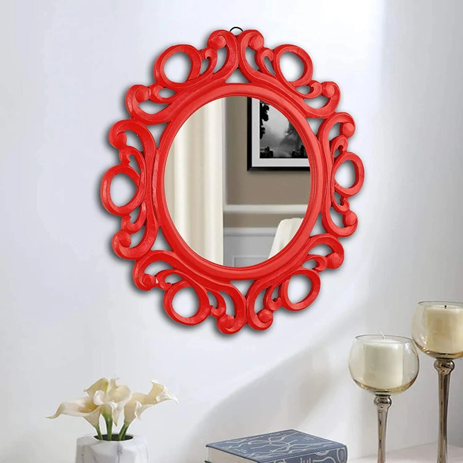 Handcrafted Wood Wall Mirror (50.8 cm x 50.8 cm x 2.5 cm, Red) 