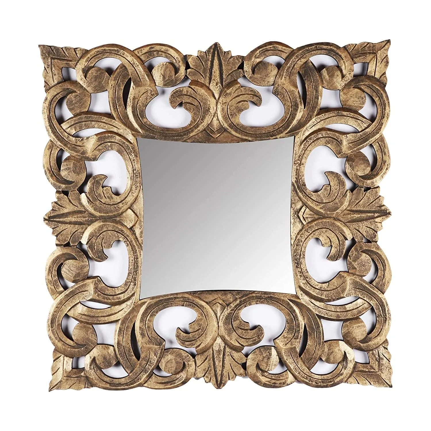 Handcrafted Wood Wall Mirror (61 cm x 61 cm x 2.5 cm, Gold)