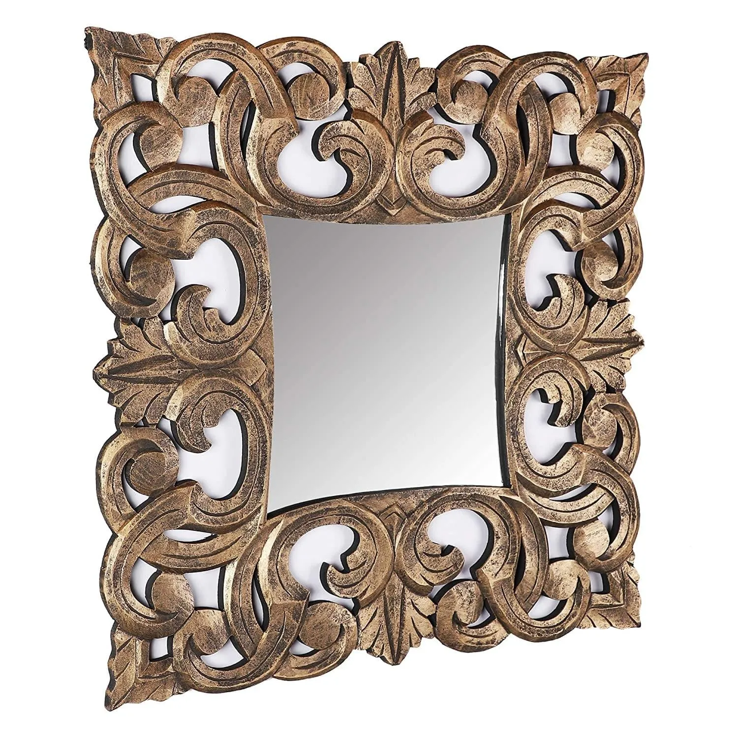 Handcrafted Wood Wall Mirror (61 cm x 61 cm x 2.5 cm, Gold)