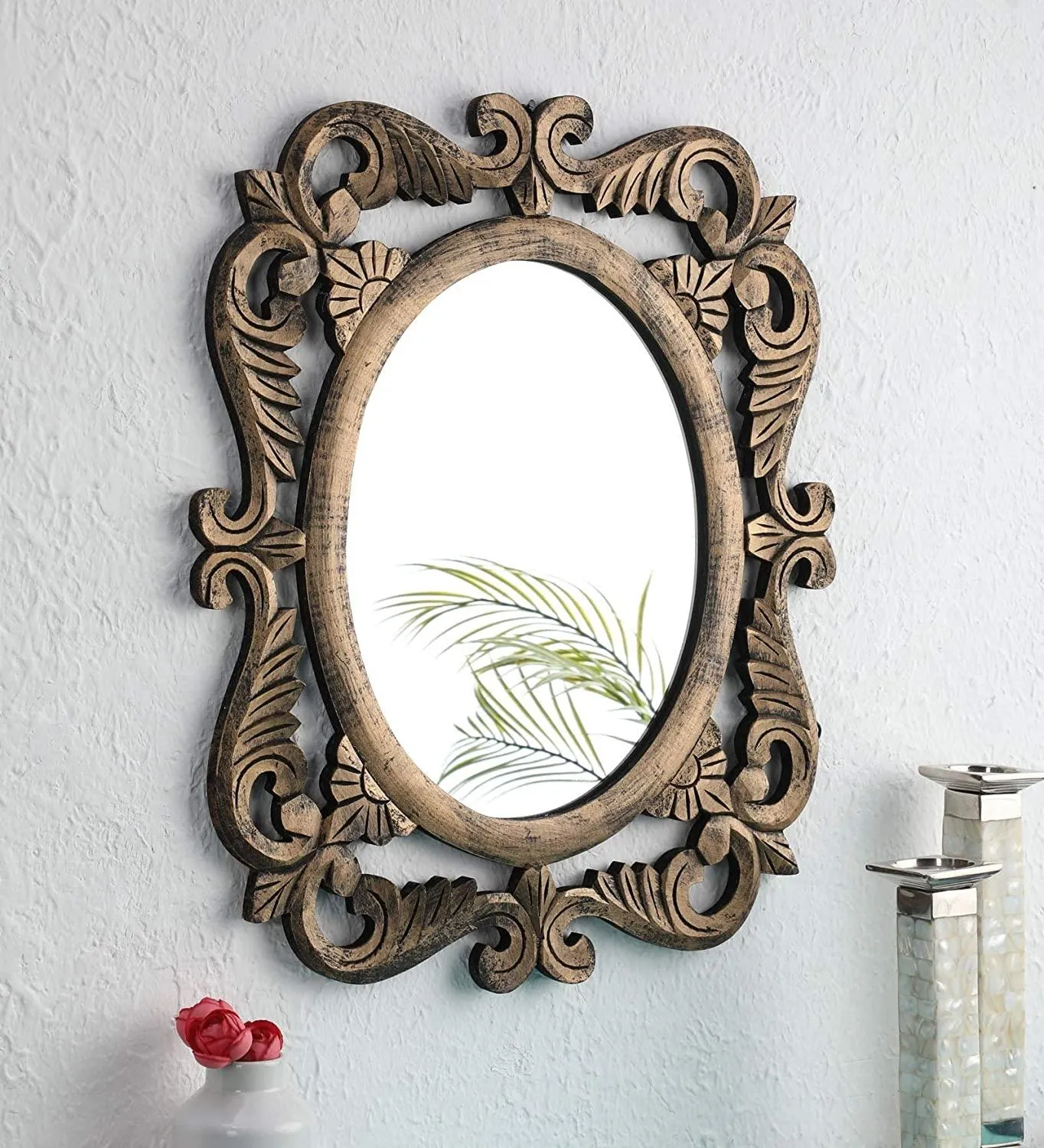 Handcrafted Wooden Wall Mirror for Home Dcor (50 cm x 2 cm x 60 cm, Gold) 