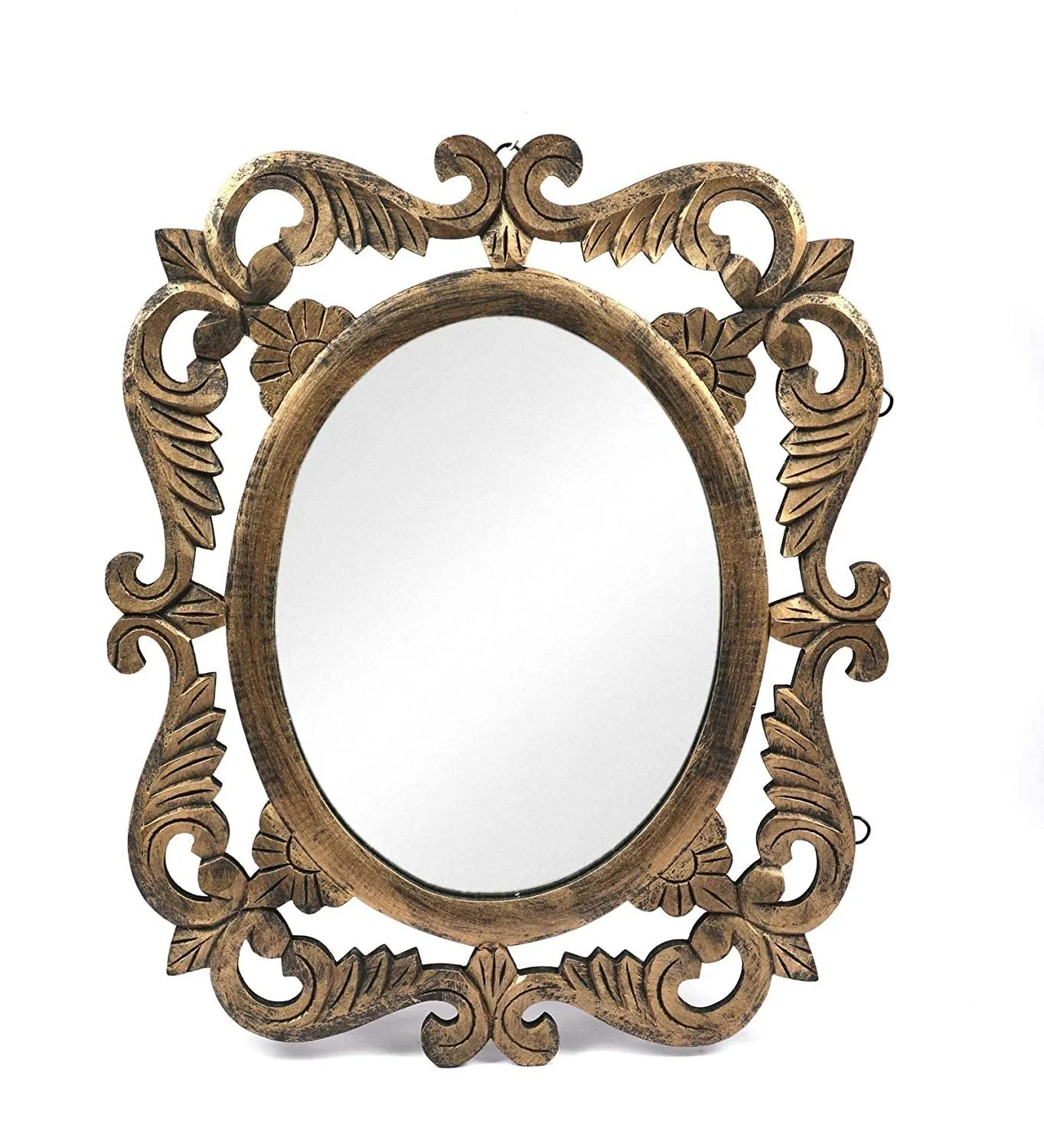 Handcrafted Wooden Wall Mirror for Home Dcor (50 cm x 2 cm x 60 cm, Gold)
