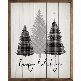 Happy Holidays Plaid Trees Wood Framed Print 