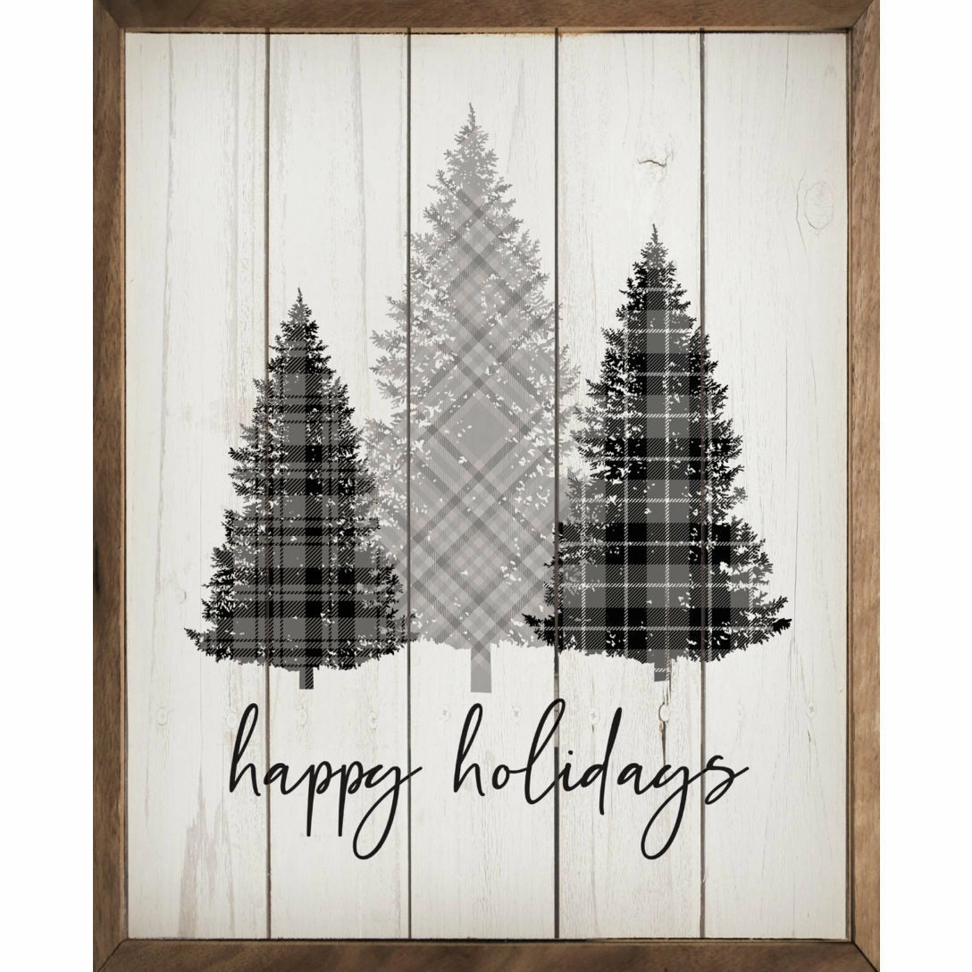 Happy Holidays Plaid Trees Wood Framed Print 