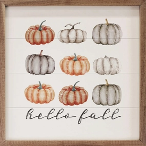 Hello Fall Orange And Gray Pumpkins Wood Framed Print 