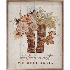 Hello Harvest We Meet Again Boots Whitewash Wood Framed Print 