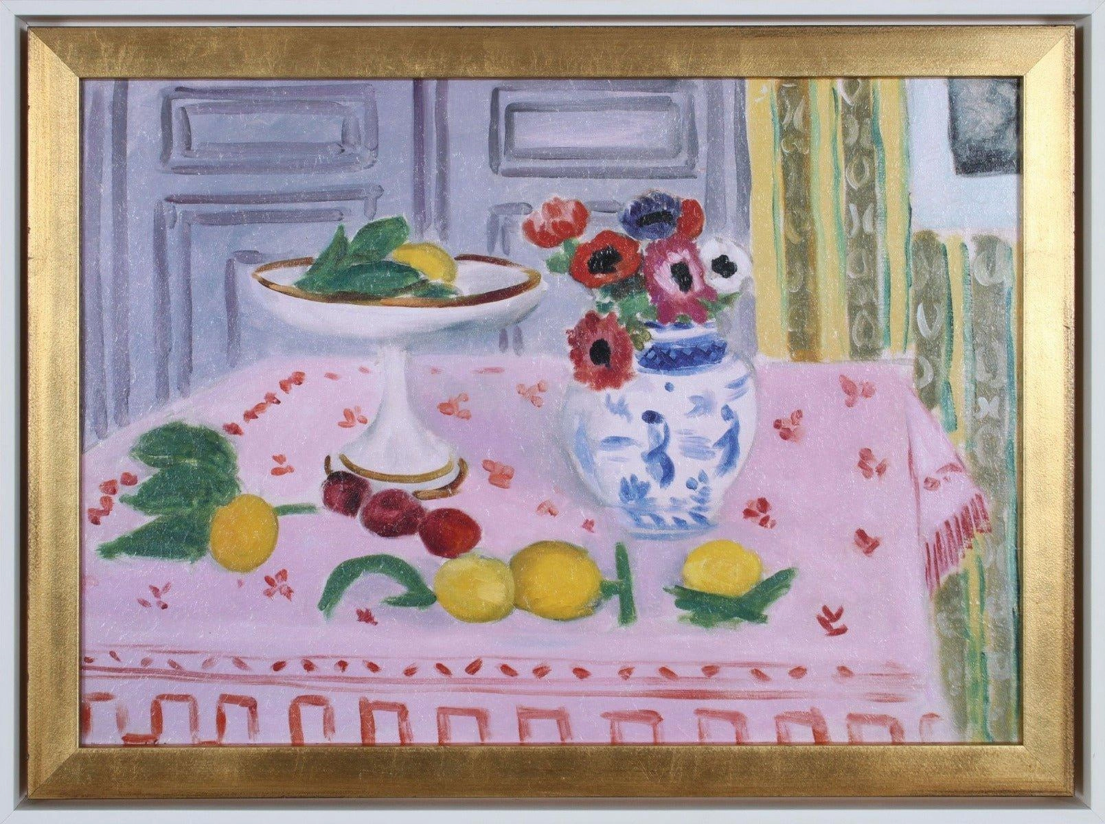 Henri Matisse Reproduction Pink Tablecloth With Fruit and Flowers in Gold Frame 