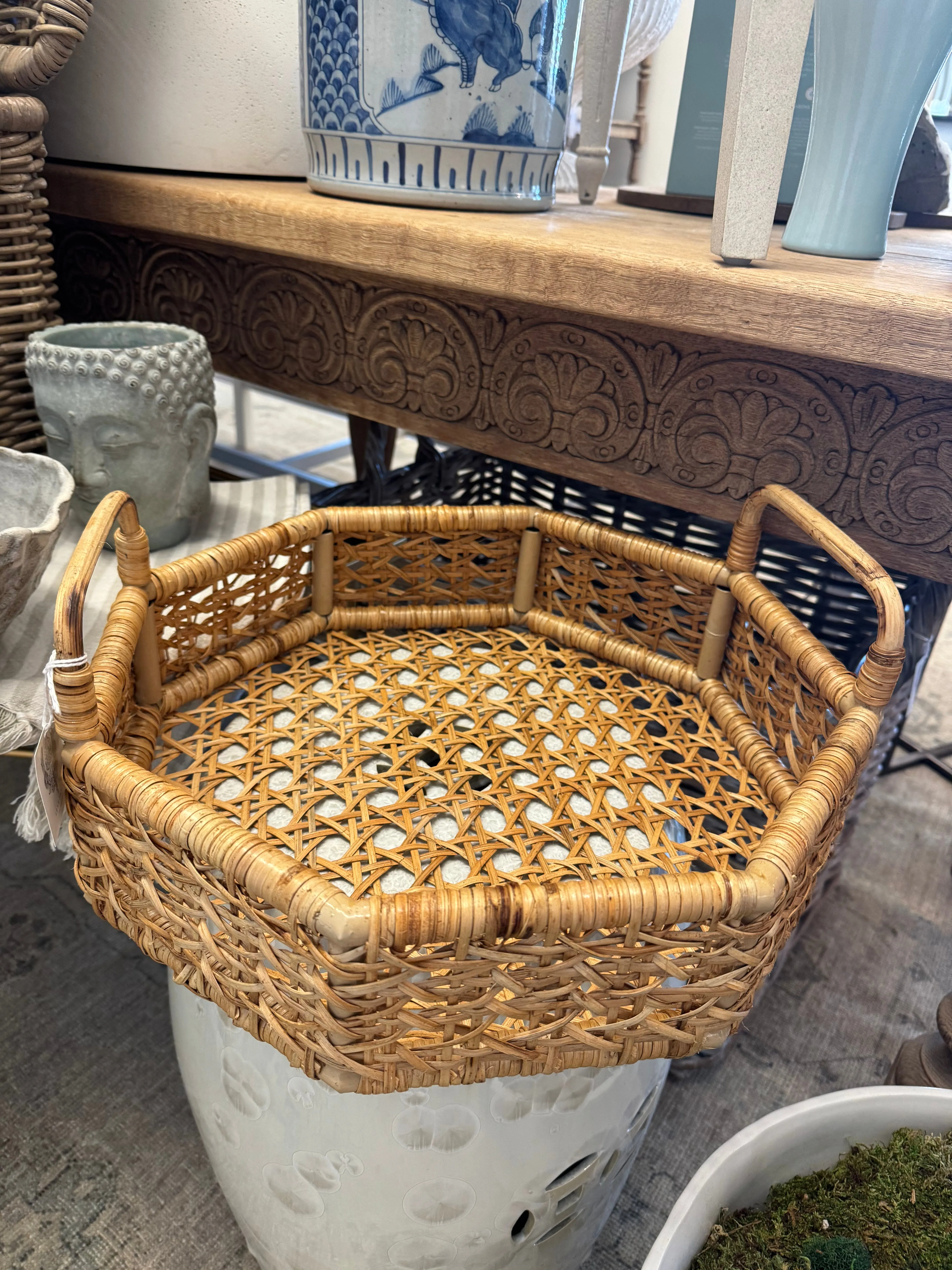 Hexagon Woven Cane Serving Tray
