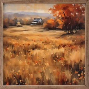 House Amongst The Autumn Field Wood Framed Print 