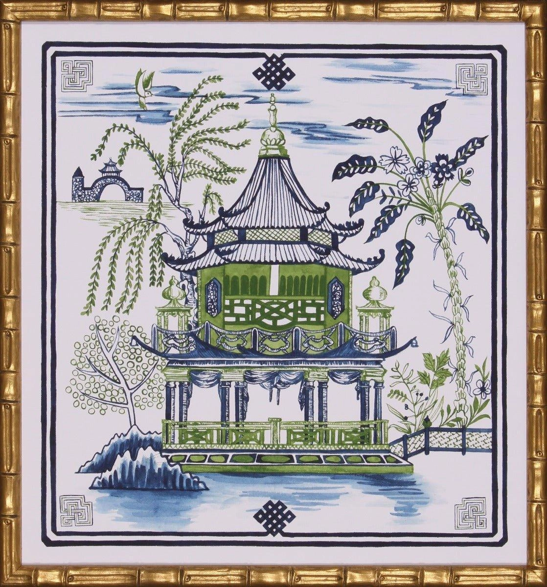 Indigo Blue & Green Pagoda Visit I Lithograph in Gold Frame 