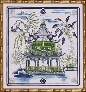 Indigo Blue & Green Pagoda Visit I Lithograph in Gold Frame 
