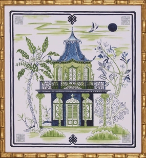 Indigo Blue & Green Pagoda Visit II Lithograph in Gold Frame 