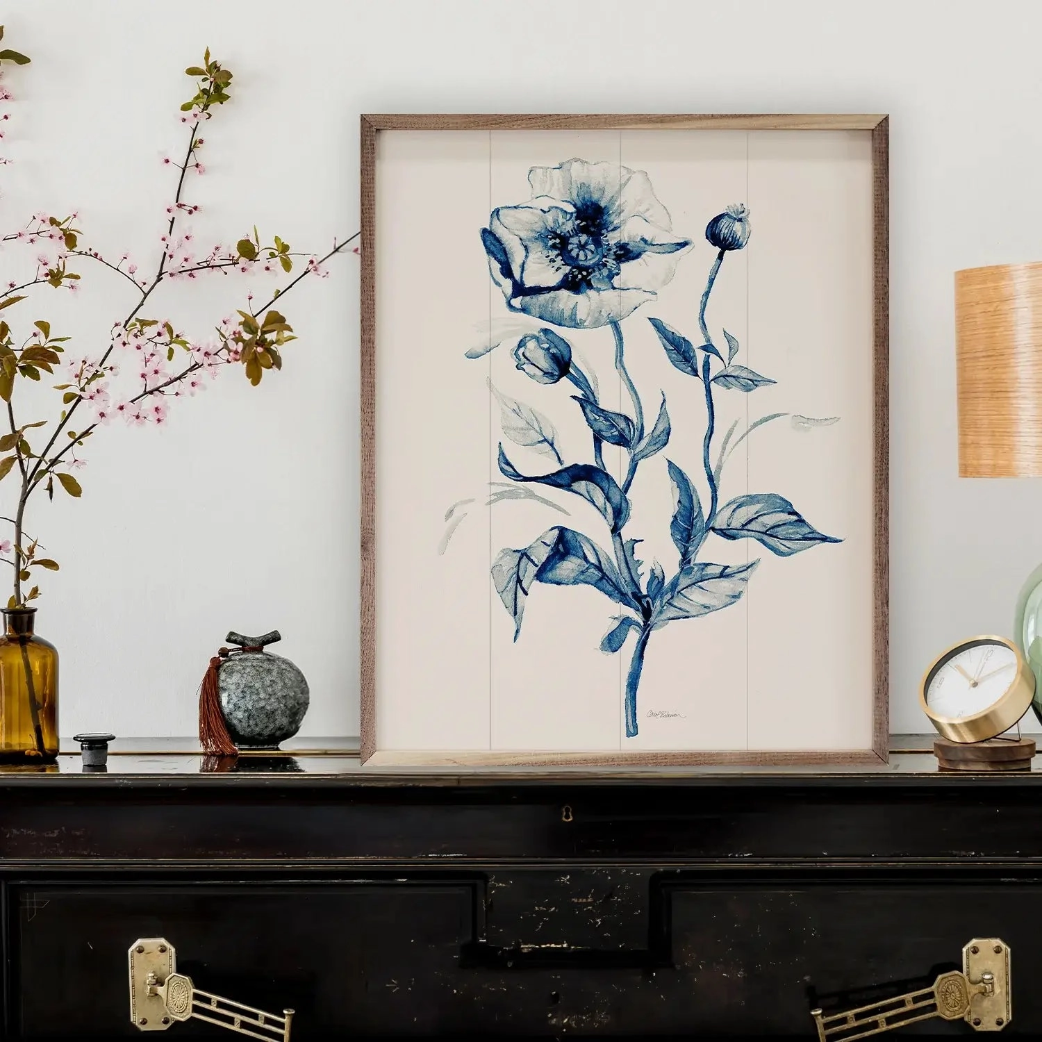 Indigo Wild Roses Wood Framed Print