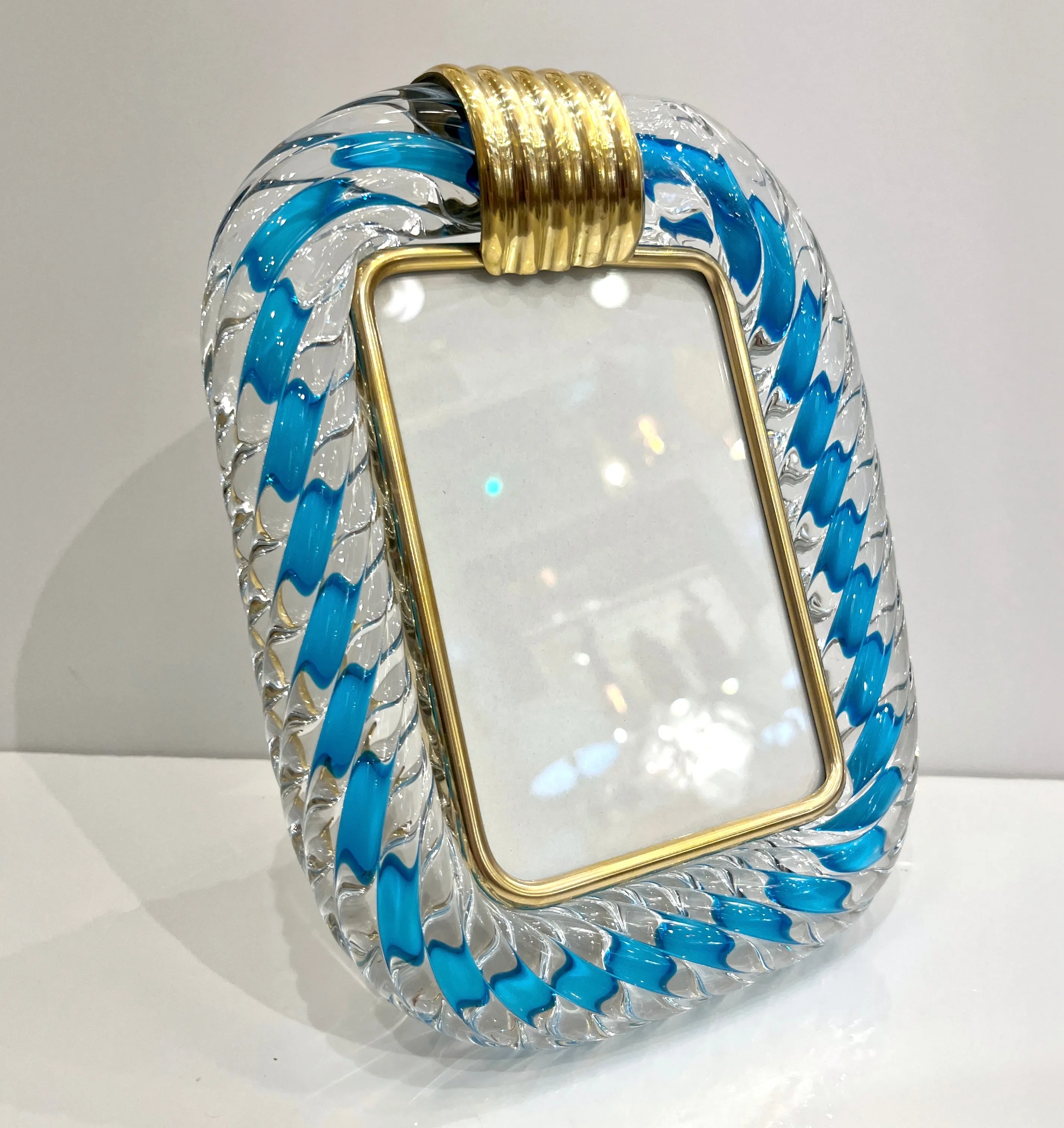 Italian Barovier Toso Brass & Turquoise Crystal Murano Glass Modern Photo Frame