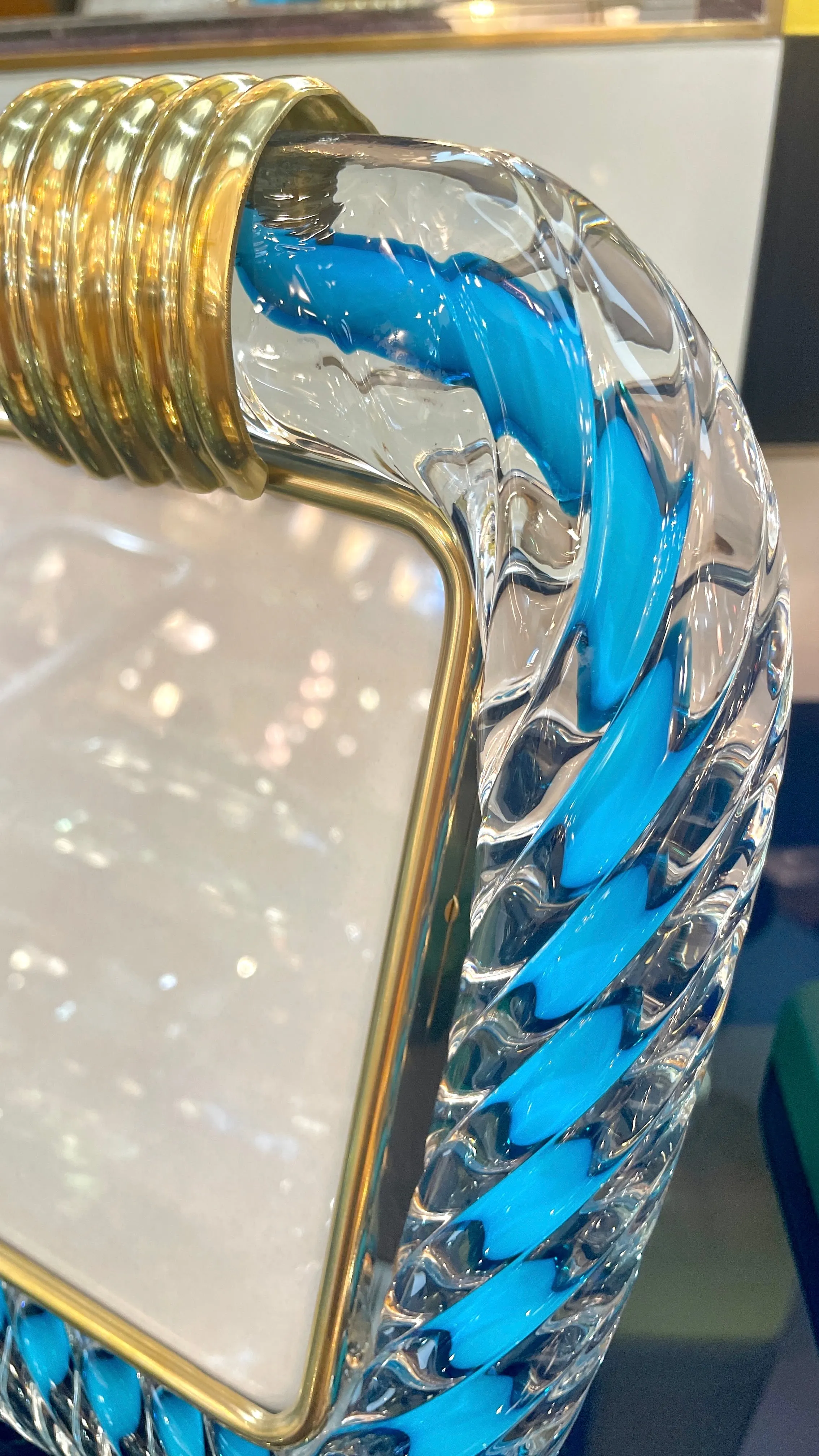 Italian Barovier Toso Brass & Turquoise Crystal Murano Glass Modern Photo Frame