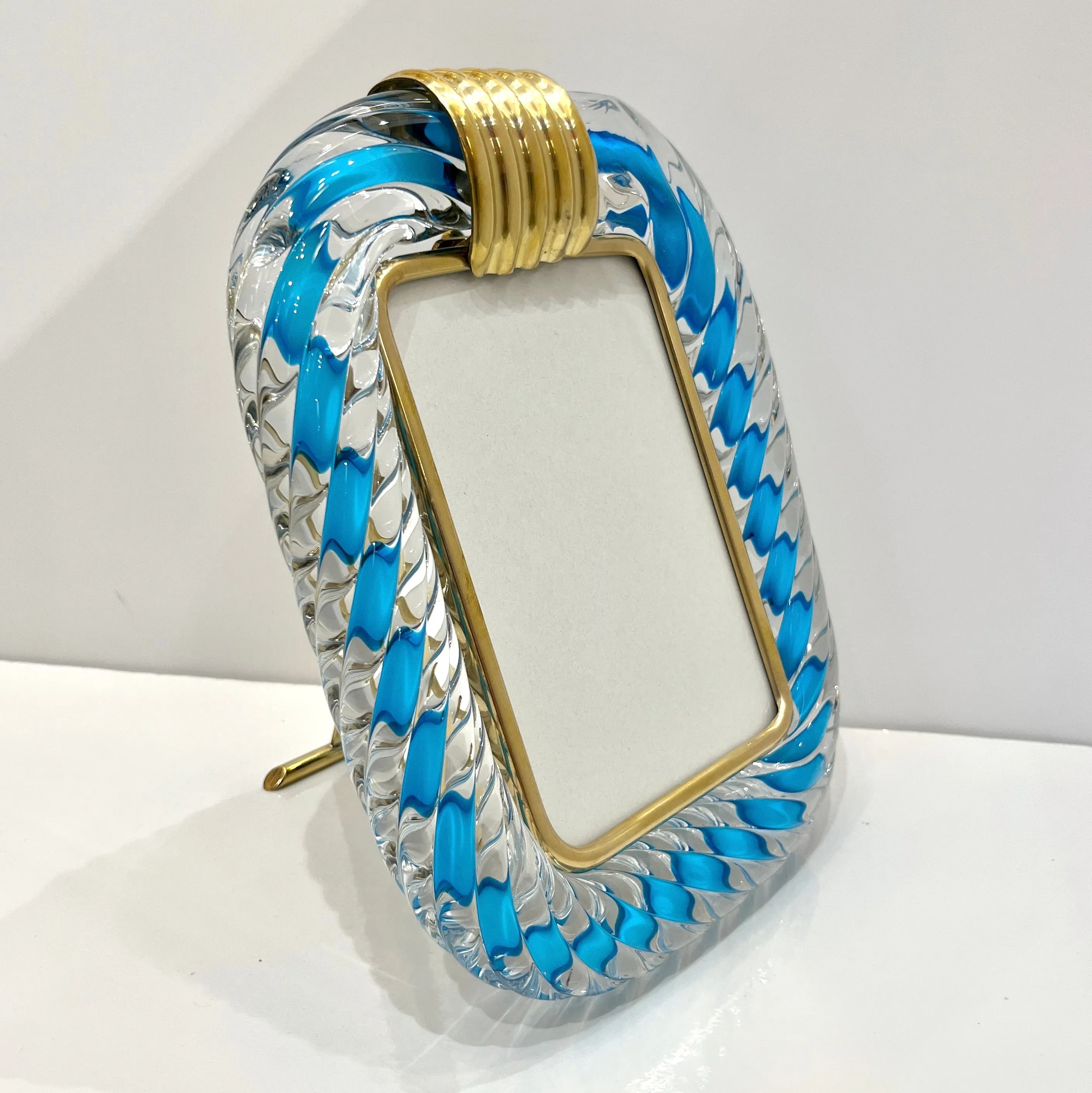 Italian Barovier Toso Brass & Turquoise Crystal Murano Glass Modern Photo Frame