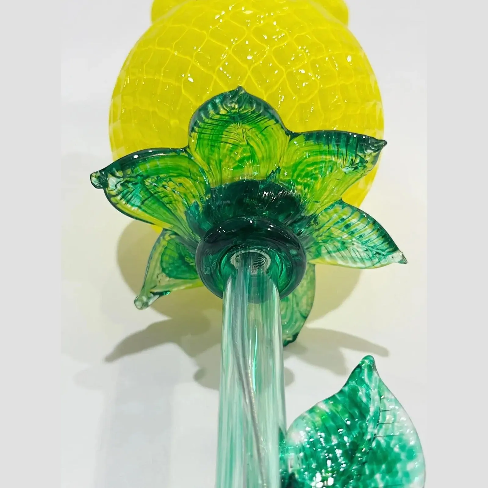 Italian Design Organic Modern Yellow Art Glass Lit Flower White Vase/Table Lamp