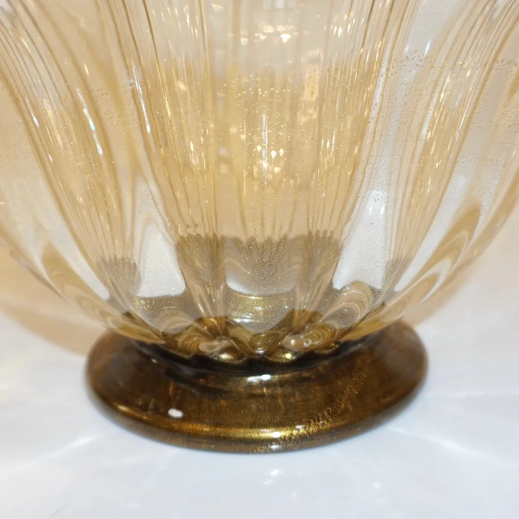 Italian Gold Dust Crystal Murano Glass Scalloped Centerpiece/Bowl with Black Rim