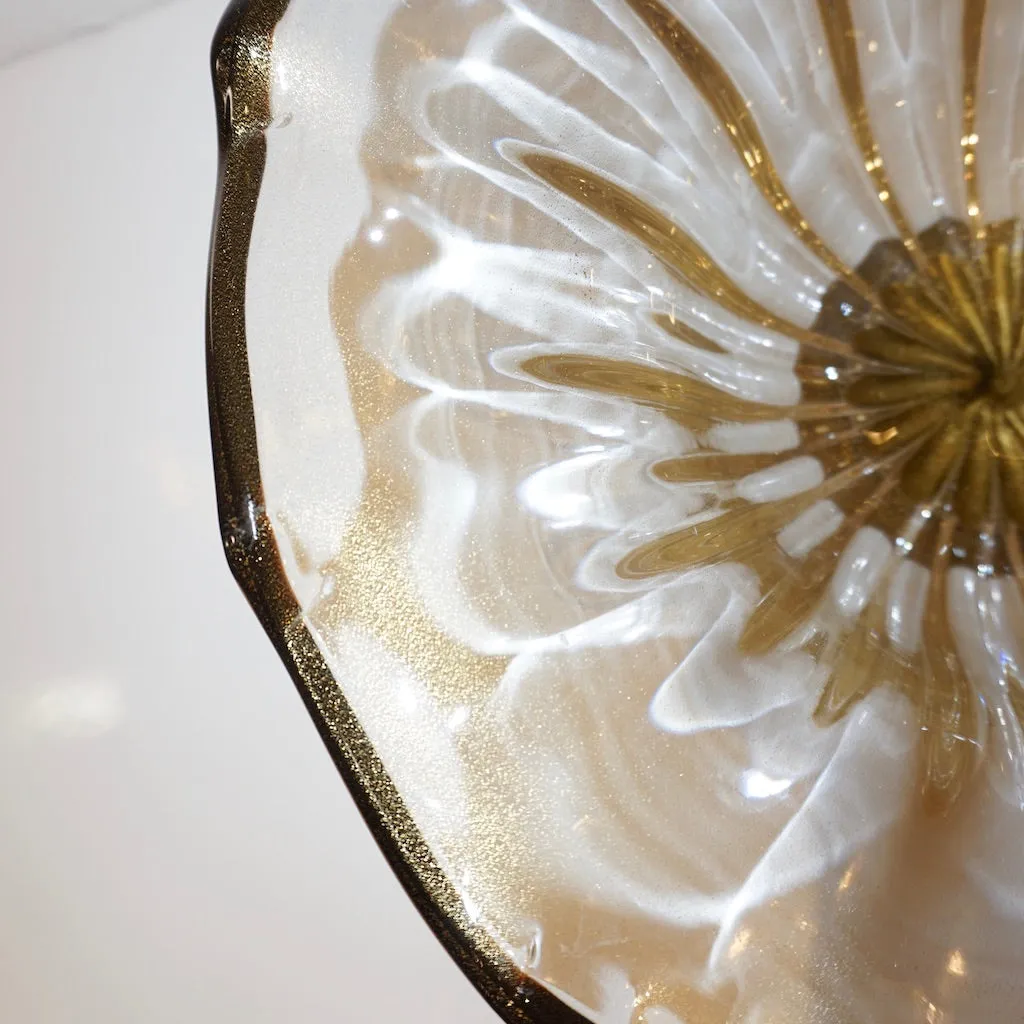 Italian Gold Dust Crystal Murano Glass Scalloped Centerpiece/Bowl with Black Rim