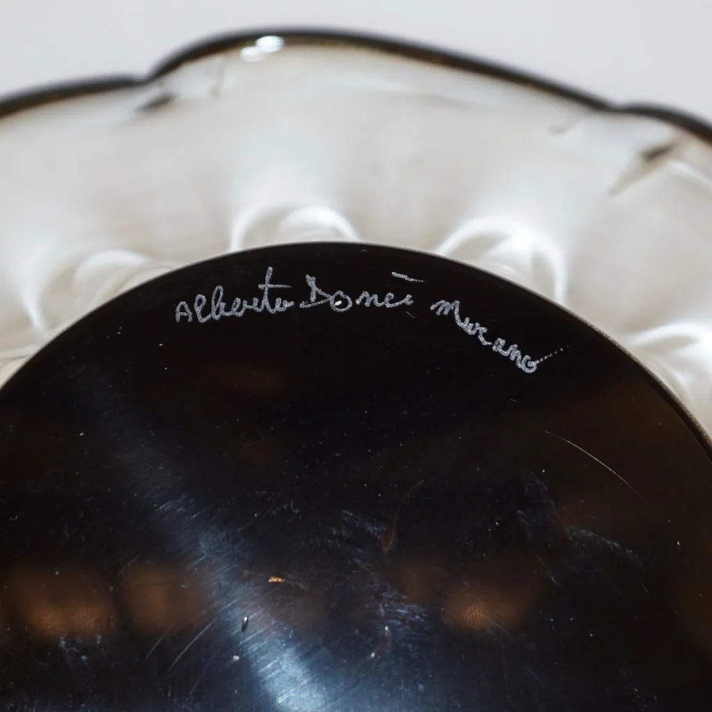 Italian Gold Dust Crystal Murano Glass Scalloped Centerpiece/Bowl with Black Rim