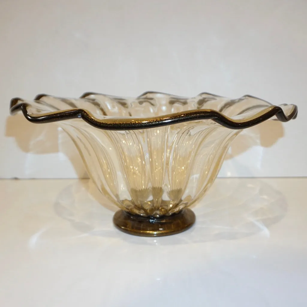 Italian Gold Dust Crystal Murano Glass Scalloped Centerpiece/Bowl with Black Rim